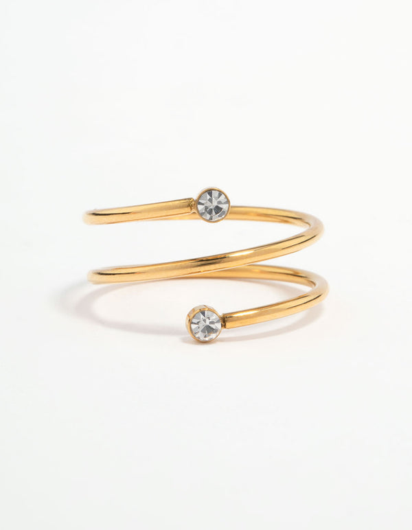 Elegant waterproof gold plated stainless steel diamante coil ring close up view