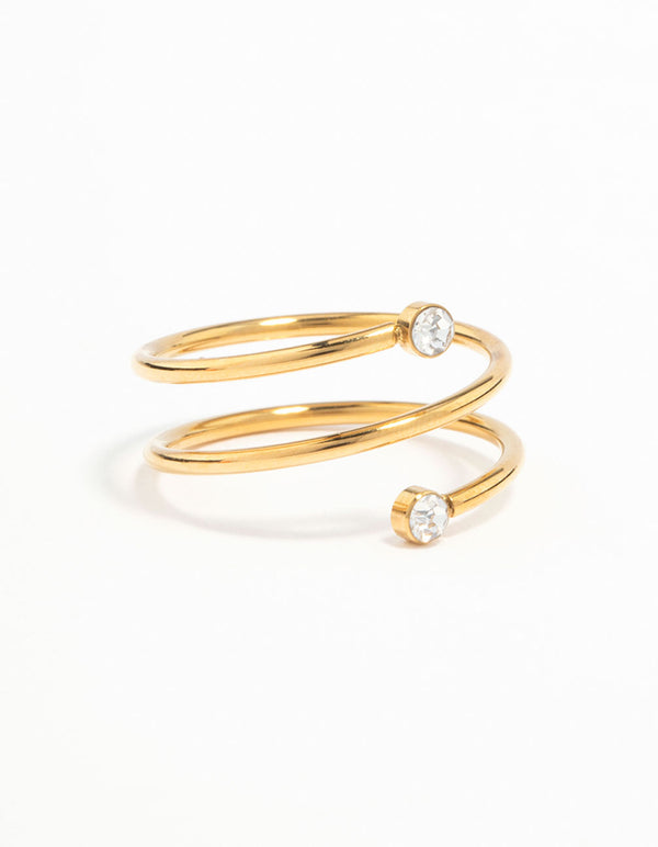 Showcasing a waterproof gold plated stainless steel diamante coil ring front view