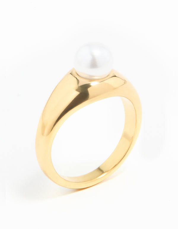 Waterproof Gold Plated Stainless Steel Fine Pearl Signet Ring