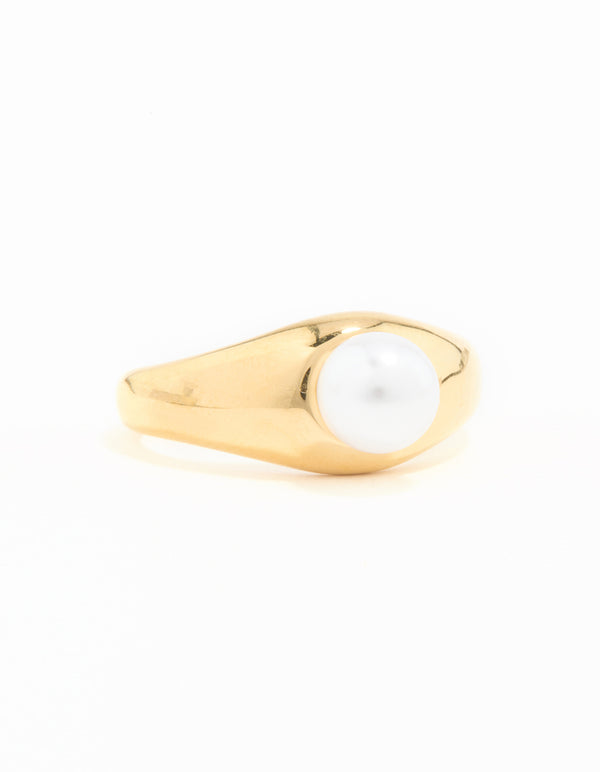Waterproof Gold Plated Stainless Steel Fine Pearl Signet Ring