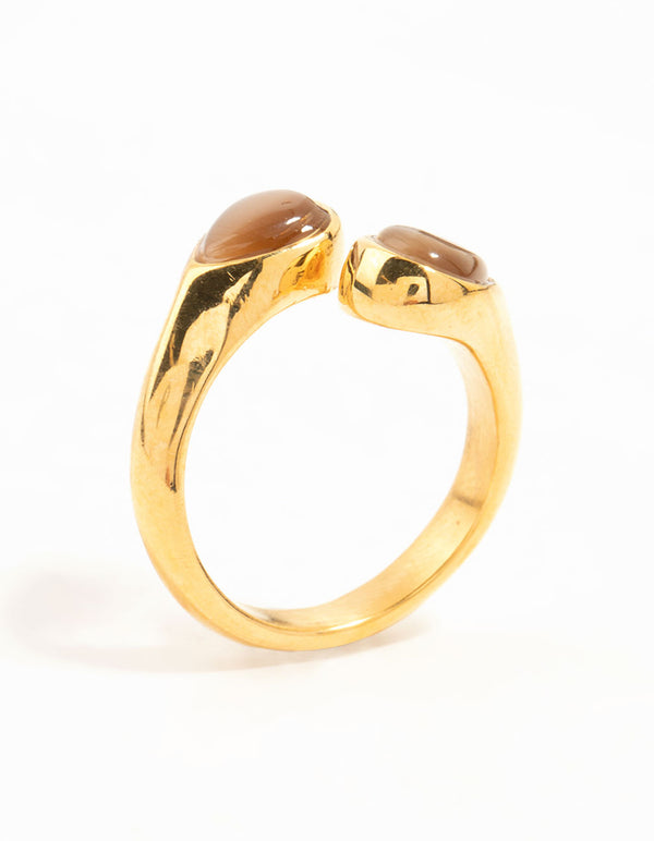 Featuring a waterproof gold plated stainless steel double pear stone ring with brown accents side detail view