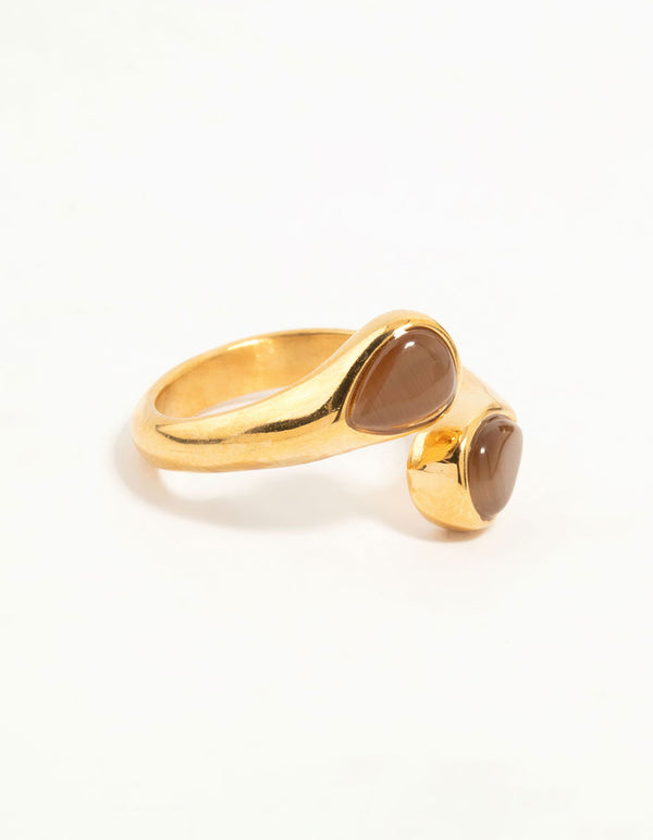 Showcasing a waterproof gold plated stainless steel double pear stone ring with brown stones front view