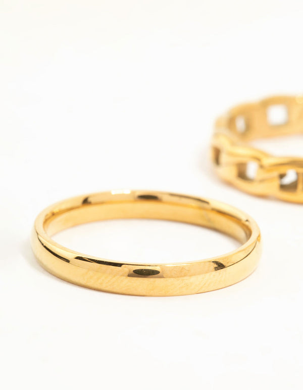 Showcasing waterproof gold plated stainless steel chain link rings in a 2-pack close up view