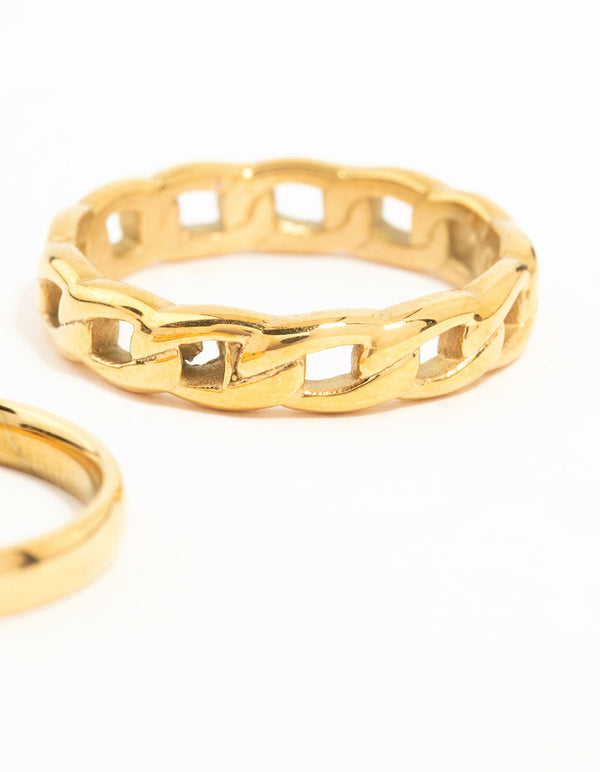 Highlighting the waterproof gold plated stainless steel chain link ring featuring intricate detailing in a 2-pack side detail view