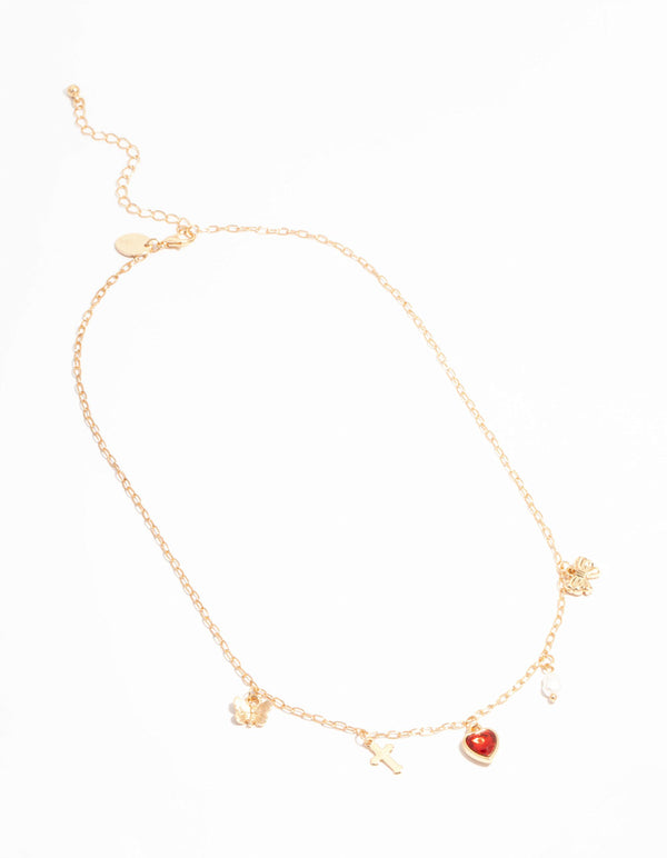 Gold Heart, Butterfly, Cross & Pearl Charm Necklace