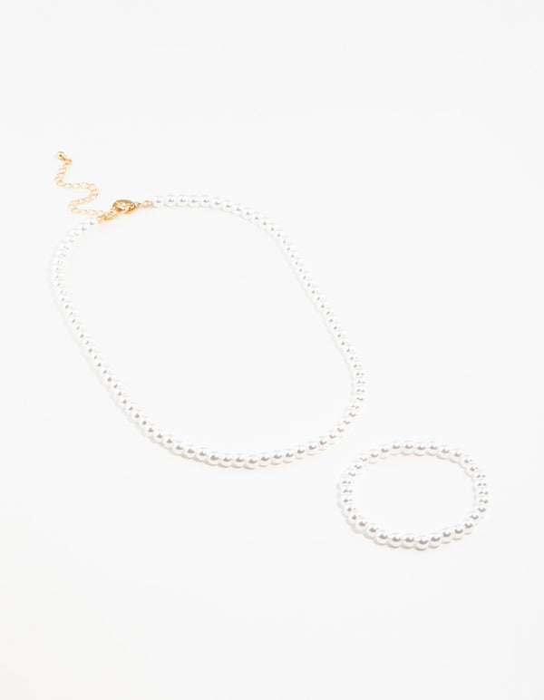 Gold Classic Pearl Stretch Bracelet & Necklace Set