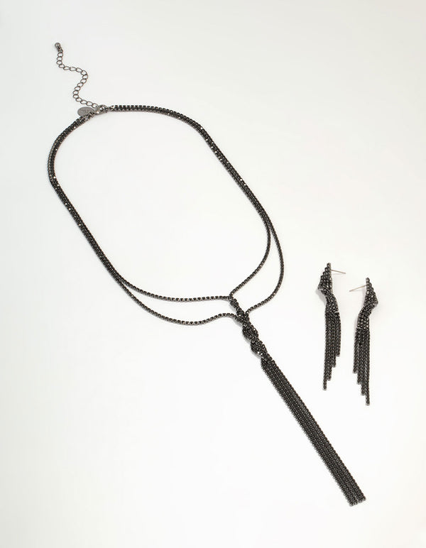 Black Diamante Double Chain Twisted Necklace & Earrings Set