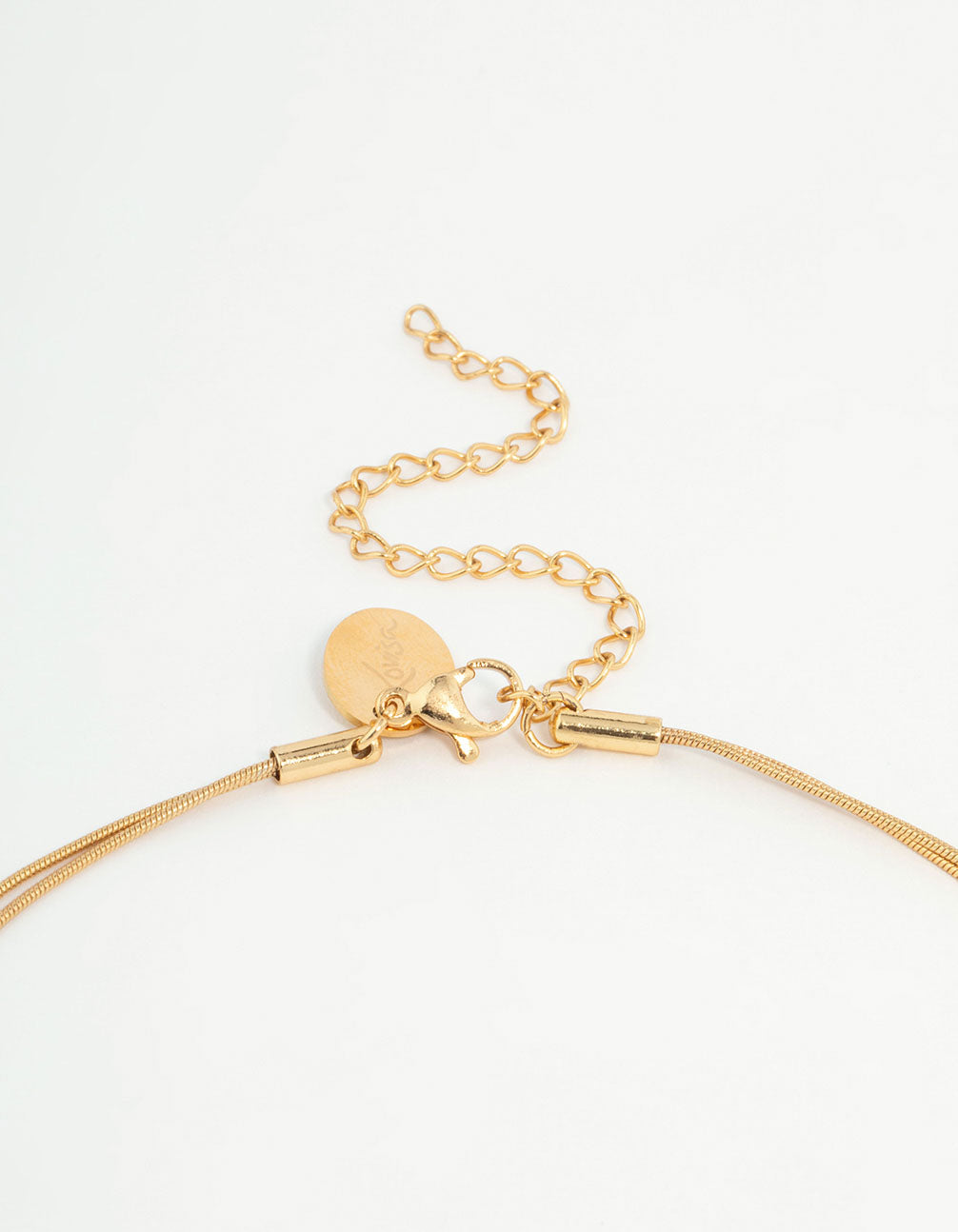 Close detail of waterproof gold plated stainless steel layered pearl pendant necklace with adjustable clasp detail view