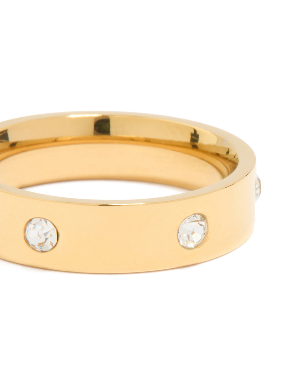 Crafted from waterproof gold plated stainless steel cocktail band ring with cubic zirconia close up view