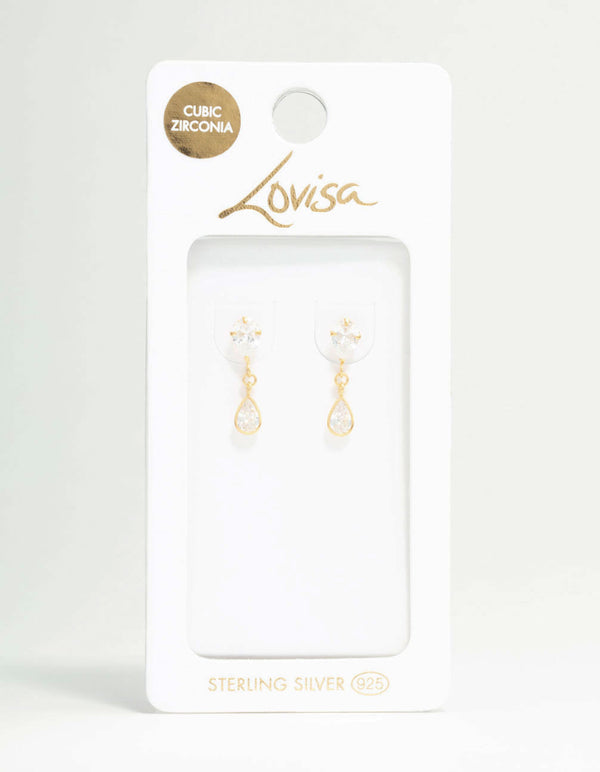 Gold Plated Sterling Silver Pear Cut Cubic Zirconia Drop Stud Earrings