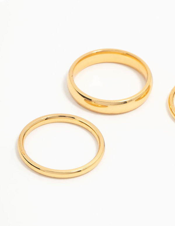 Featuring waterproof gold plated stainless steel fanned stacking rings in a 3-pack close up view