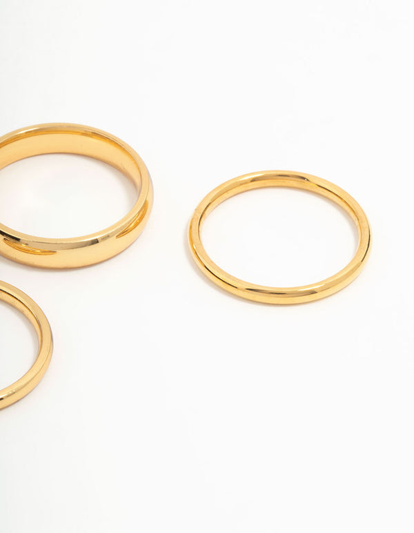 Crafted from waterproof gold plated stainless steel fanned stacking rings in a 3-pack side detail view