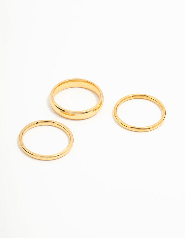 Showcasing waterproof gold plated stainless steel fanned stacking rings in a 3-pack front view