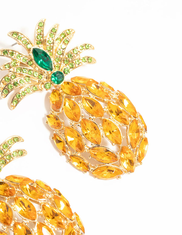 Gold Diamante Pineapple Drop Earrings