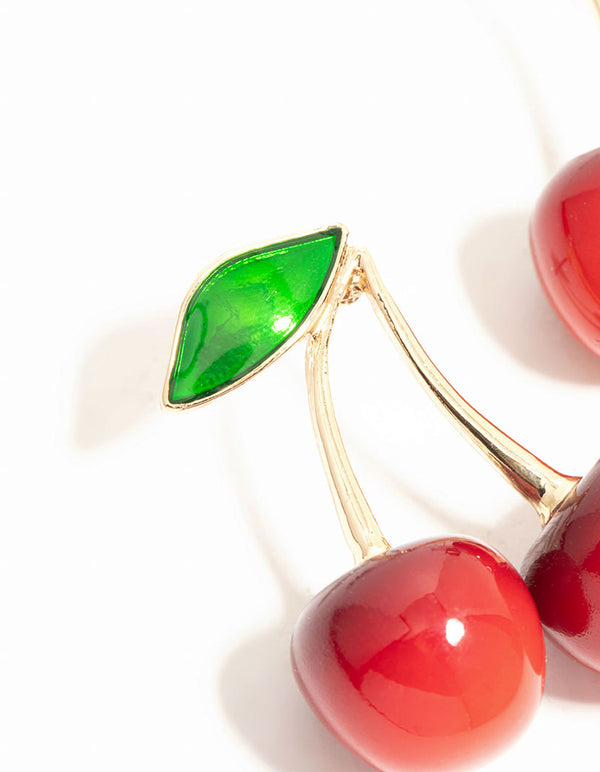 Red Double Cherry Drop Gold Earrings