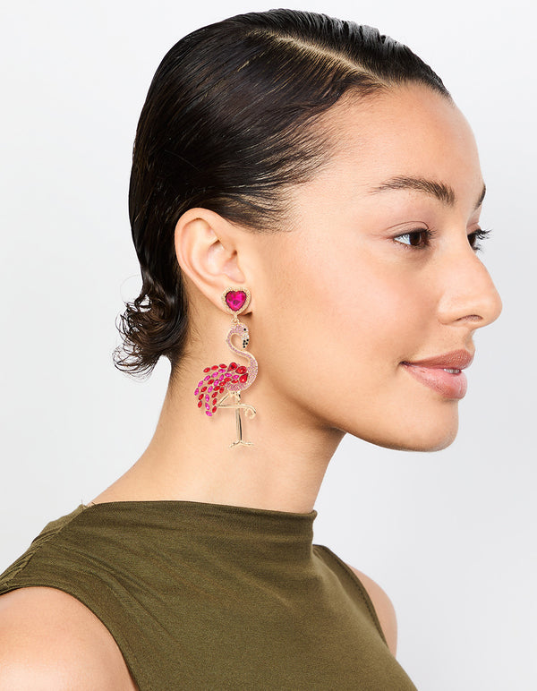 Gold Pink Diamante Flamingo Drop Earrings