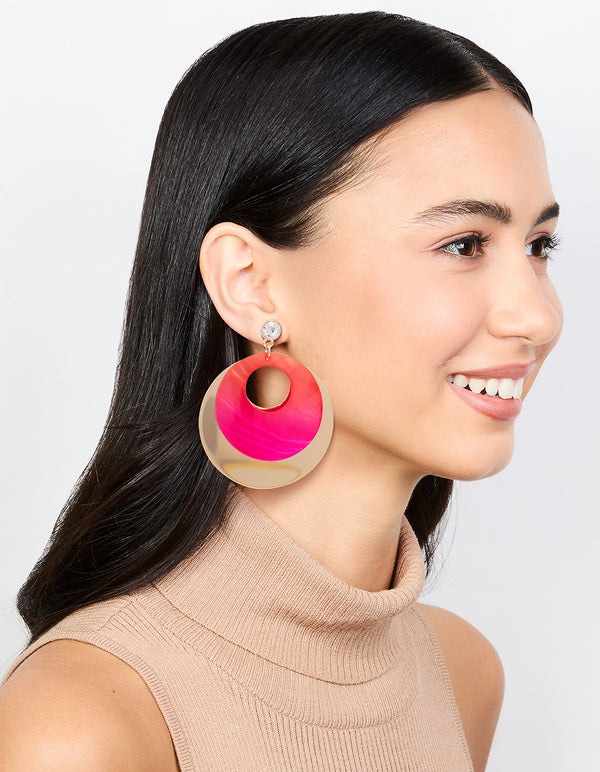 Gold Pink Diamante & Circle Drop Earrings