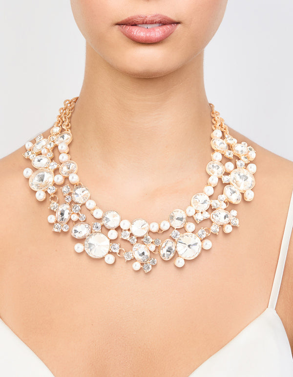 Gold Statement Diamante & Pearl Necklace