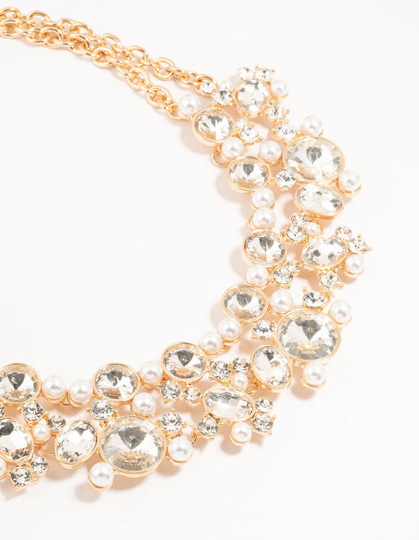 Gold Statement Diamante & Pearl Necklace