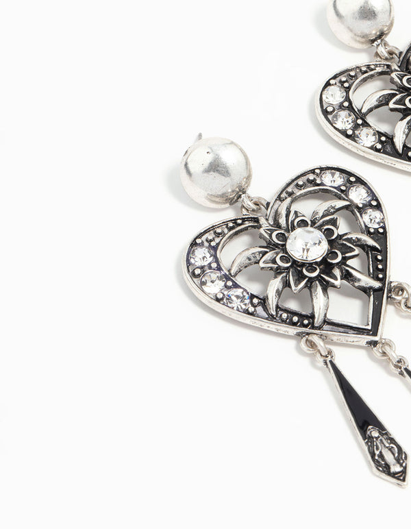 Antique Silver Heart Drop Earrings