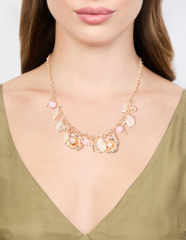 Rose Gold Flower & Leaf Charm Short Necklace