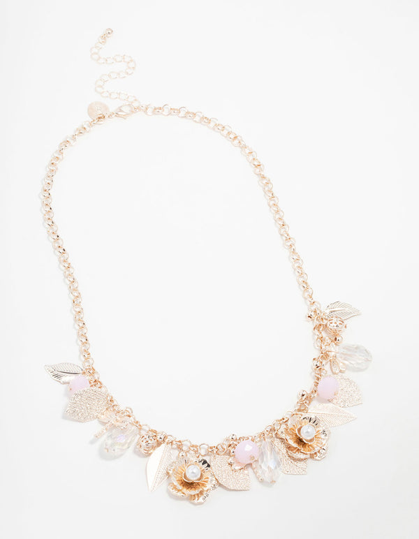 Rose Gold Flower & Leaf Charm Short Necklace