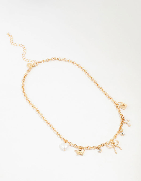 Gold Bow & Cross Charm Necklace