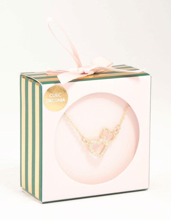 Gold Cubic Zirconia Open Double Heart Necklace