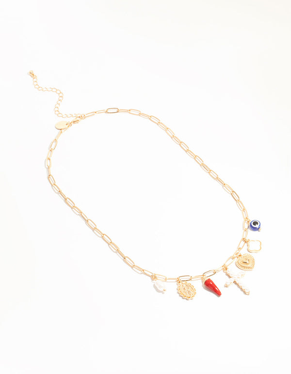 Gold Cross & Chili Charm Necklace