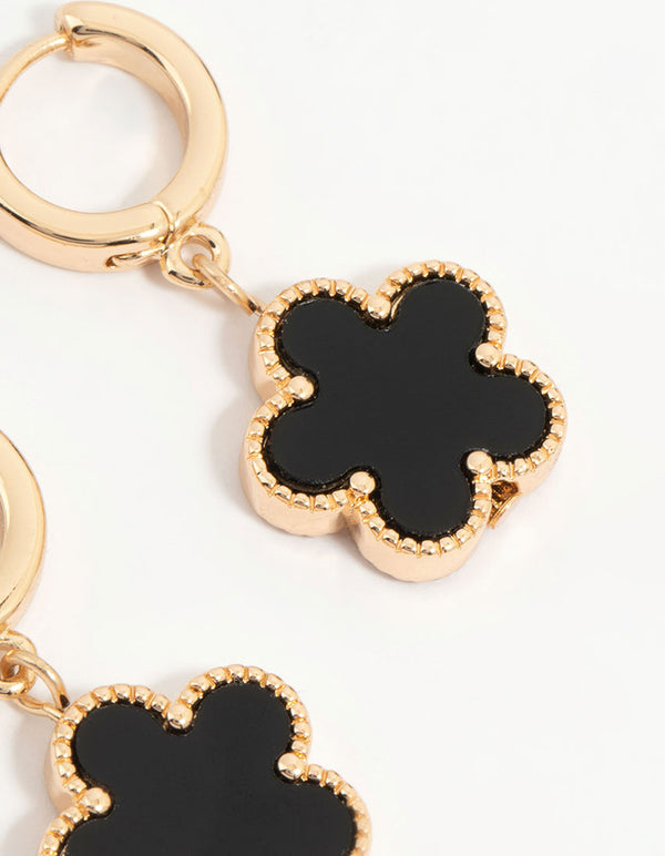 Gold Black Flower Drop Huggie Earrings