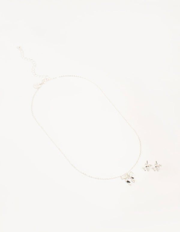 Silver Bow Necklace and Earrings Set