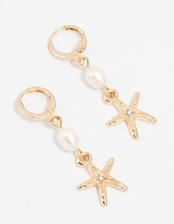 Gold Pearl Starfish Huggie Drop Earrings