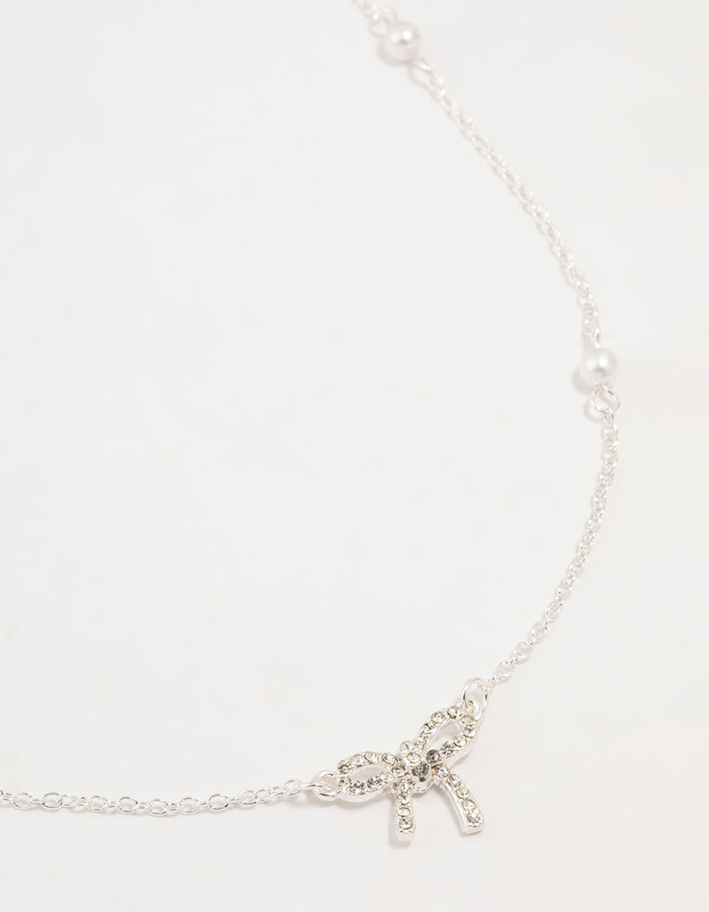Silver Station Pearl Diamante Bow Necklace - Lovisa