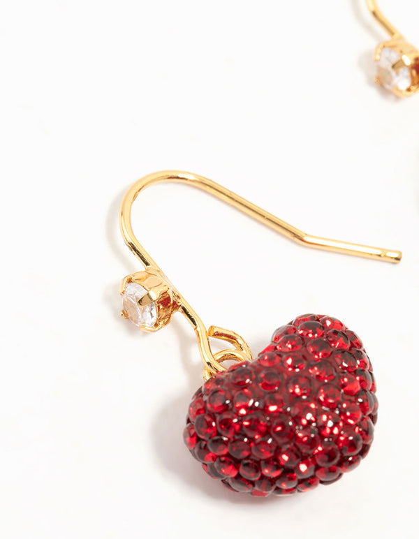 Gold Plated Red Diamante Puffy Heart Drop Earrings