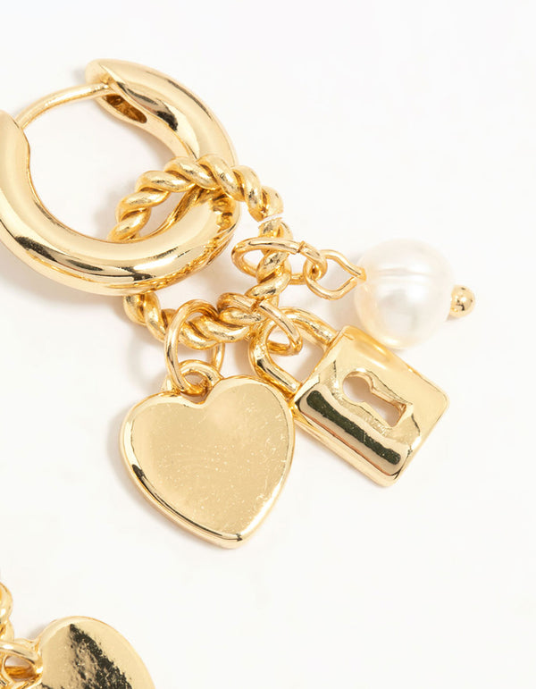 Gold Plated Heart & Lock Drop Huggie Earrings