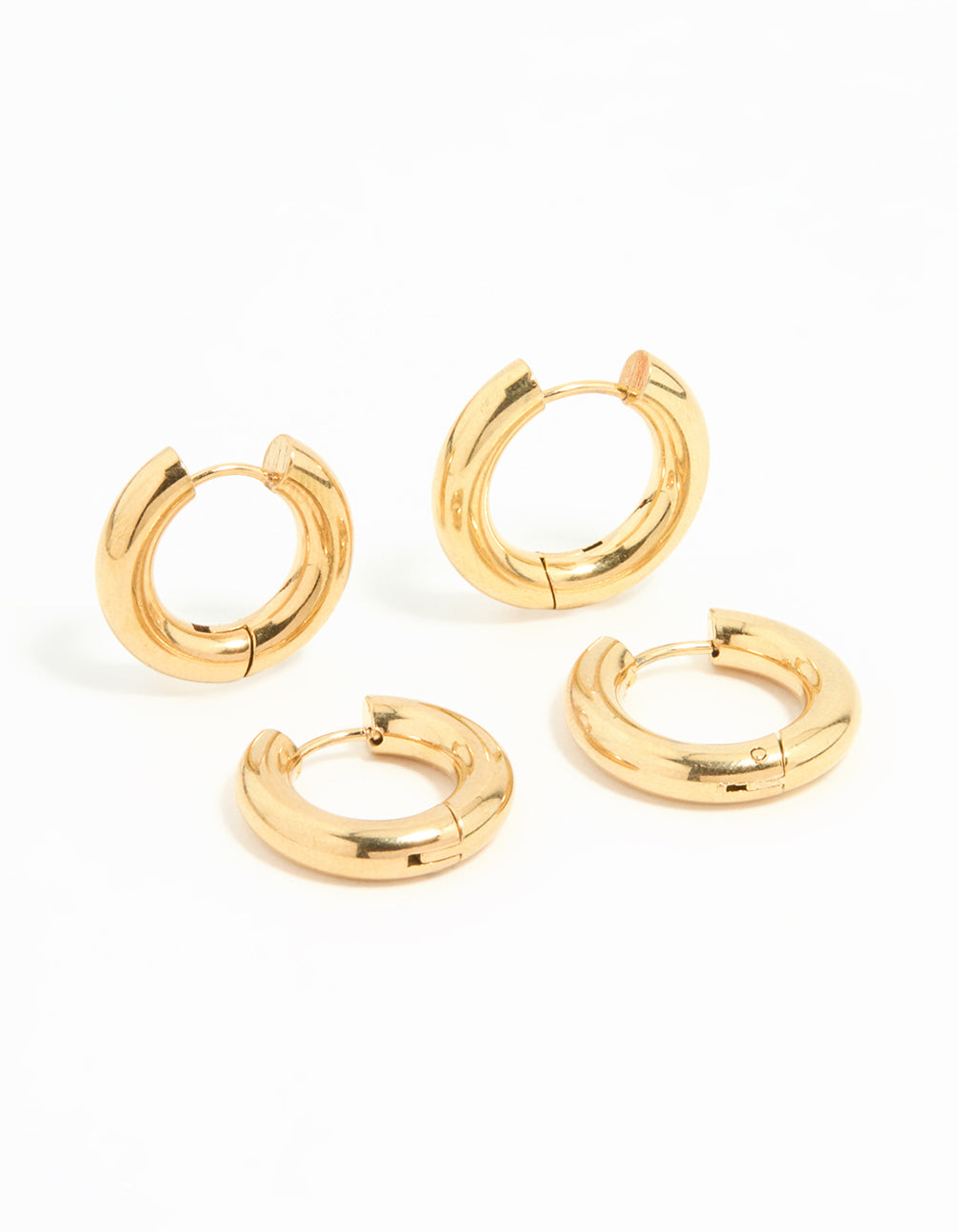 Showcasing waterproof gold plated stainless steel tube hoop earrings in a 2 pack front view