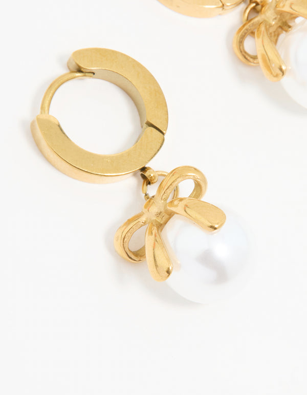 Waterproof Gold Plated Stainless Steel Pearl Huggie Earrings