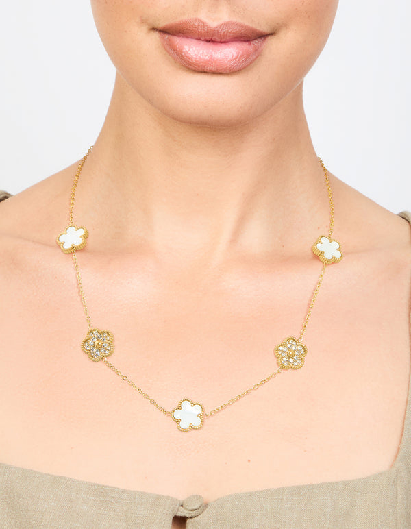 Waterproof Gold Plated Stainless Steel Diamante Flower Petal Charm Necklace