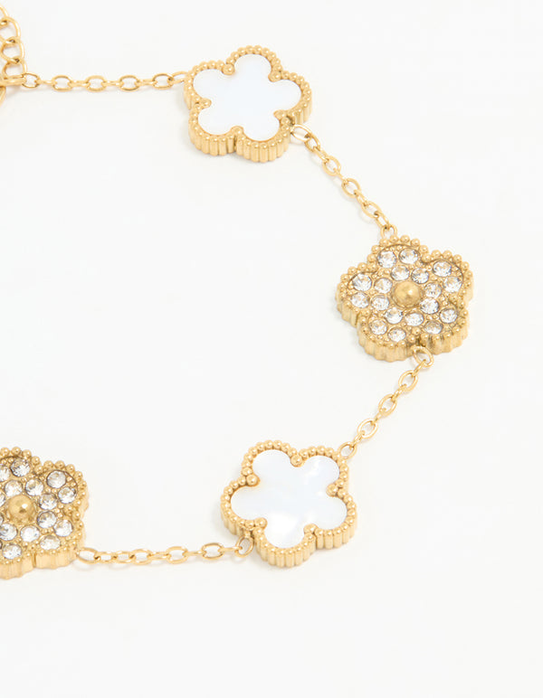 Waterproof Gold Plated Stainless Steel Diamante Flower Bracelet