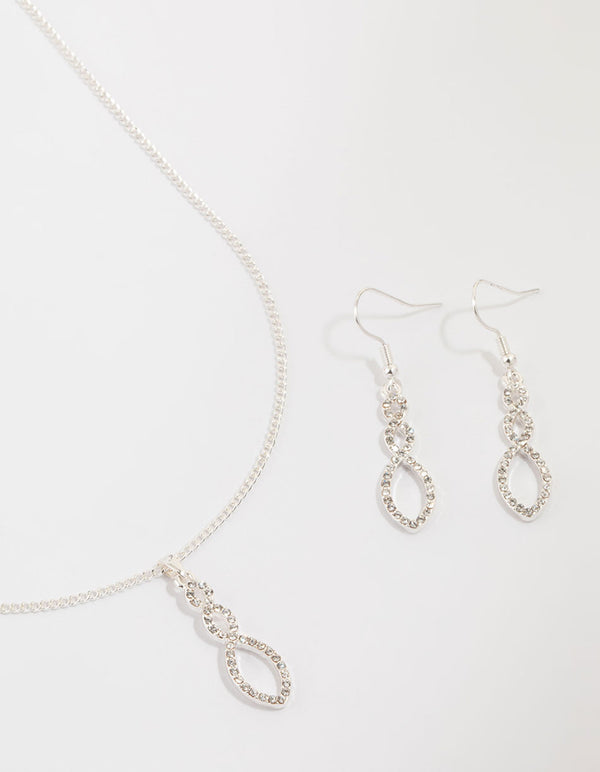Silver Diamante Twisted Necklace & Stud Earrings Set