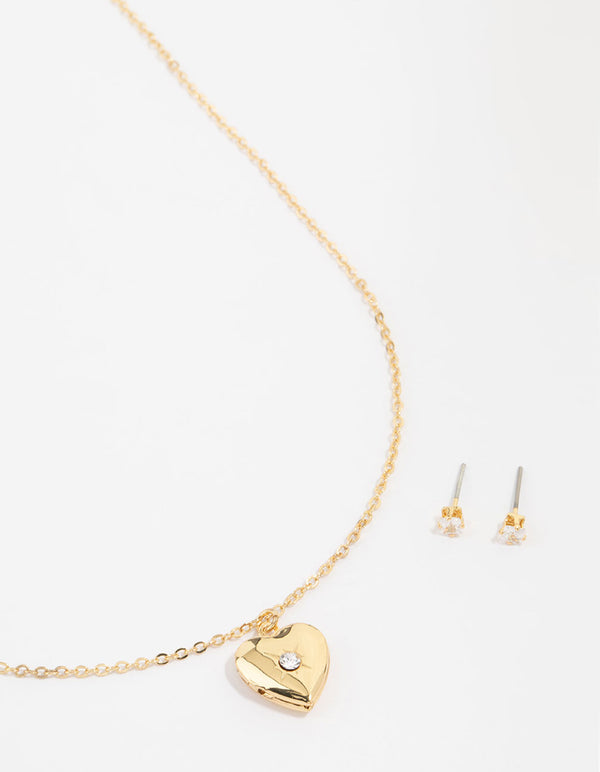 Gold Plated Cubic Zirconia Heart Locket Necklace & Stud Earrings Set