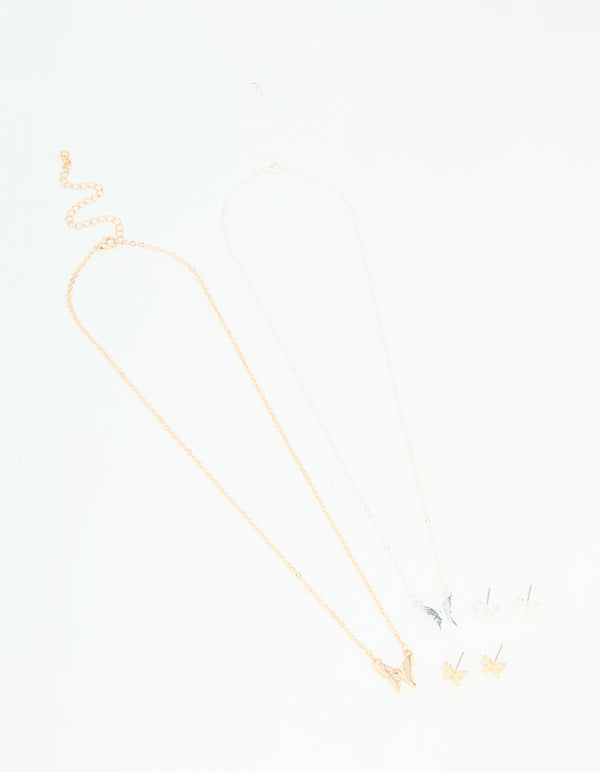 Mixed Metals Butterfly Necklace & Earrings Set