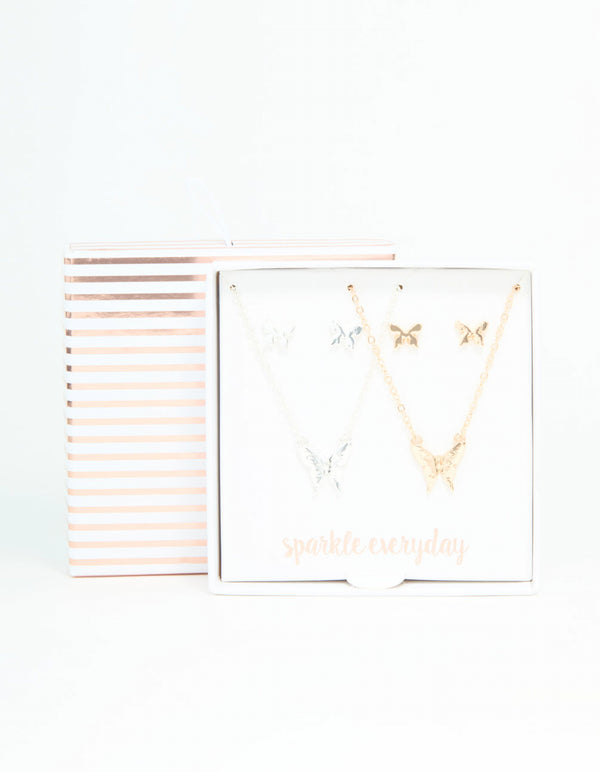 Mixed Metals Butterfly Necklace & Earrings Set