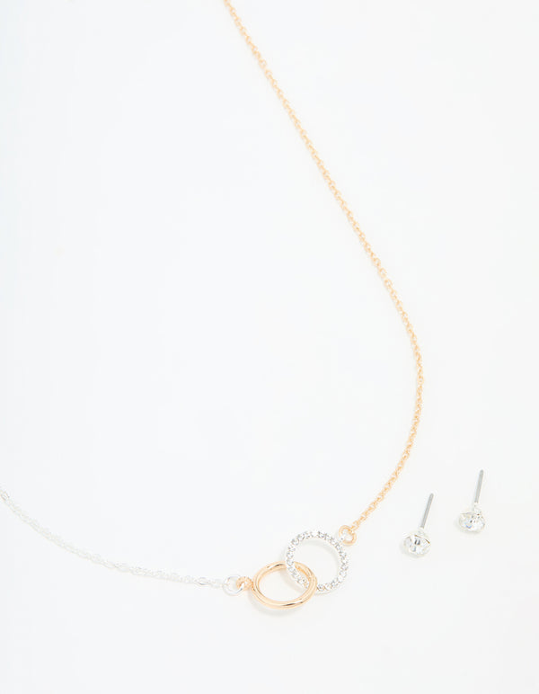 Mixed Metals Linked Circle Necklace & Stud Earrings Set