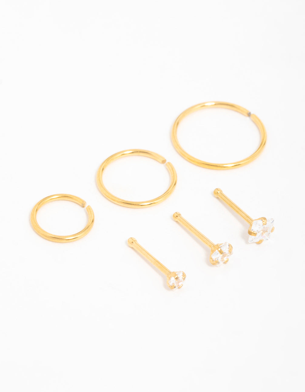 Gold Plated Surgical Steel Cubic Zirconia Stud & Hoop Nose Piercings 6-Pack