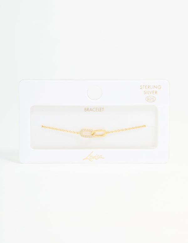 Gold Plated Sterling Silver Cubic Zirconia Link Oval Bracelet
