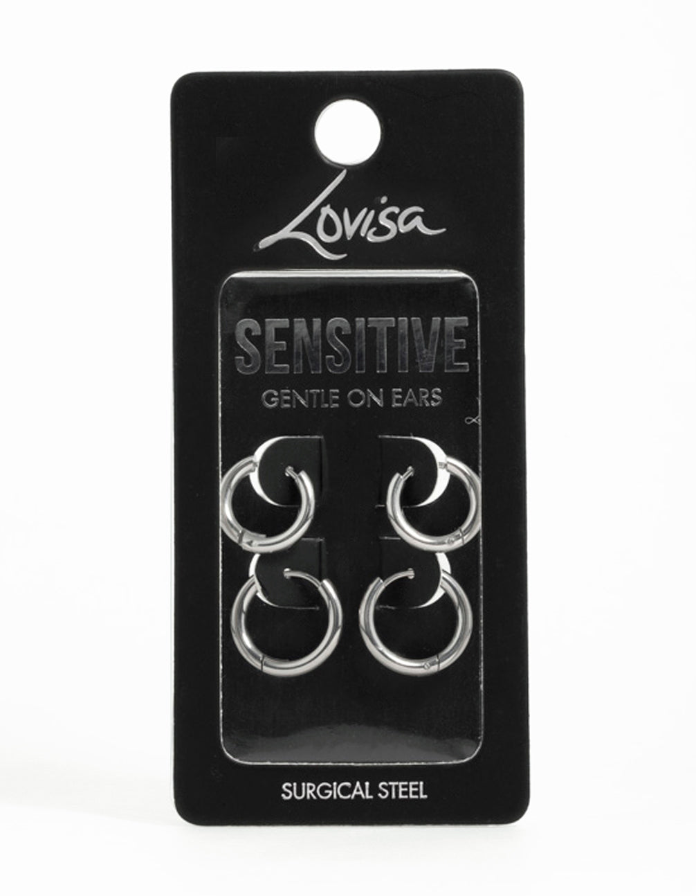 Showcasing surgical steel thick hoop earrings in a 2-pack with silver closure close up view
