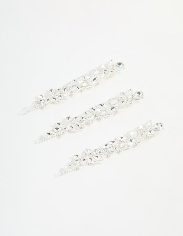 Silver Diamante Leafy Hair Slides 3-Pack