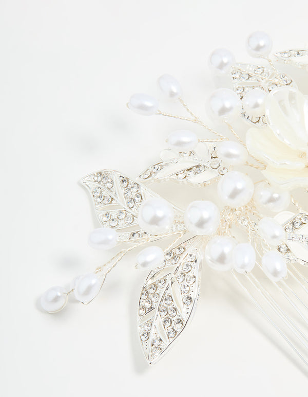 Silver Pearl Flower & Vine Hair Comb