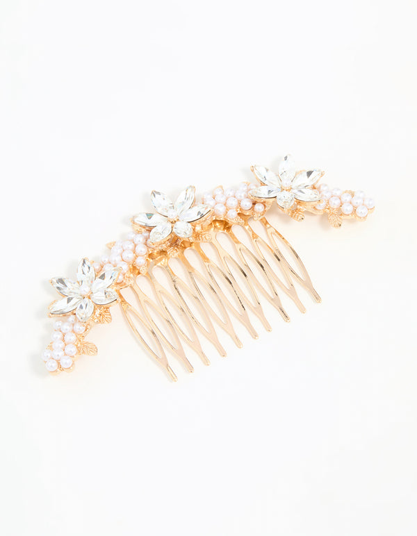Rose Gold Diamante & Pearl Flower Comb